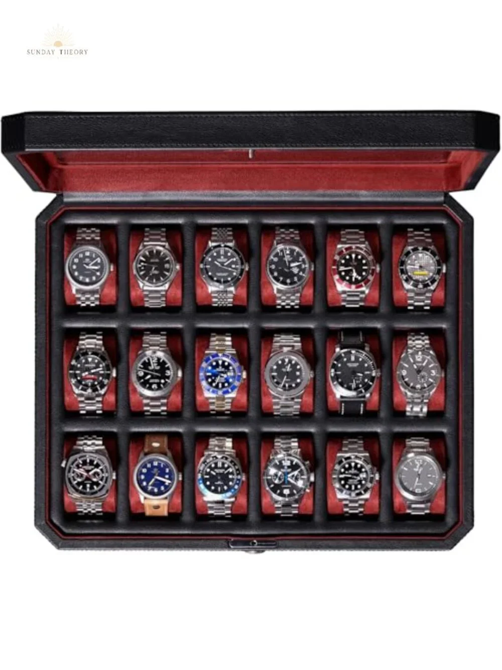 18-Slot Watch Case, Faux Leather, Real Glass Lid, Lockable, Luxury Watch Box
